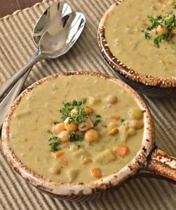 This lightly spiced Creamy Chickpea Curry Soup is easy to make and can be cooked from scratch in less than 30 minutes. Healthy, comforting and perfect with fresh, crusty bread or warm naan.