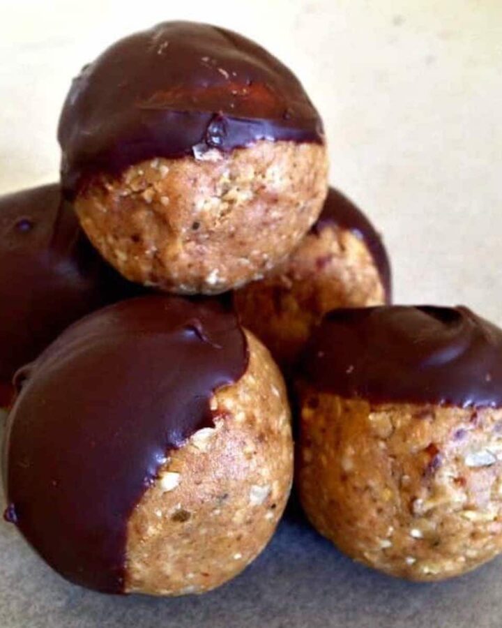 a pile of peanut butter and chocolate energy balls