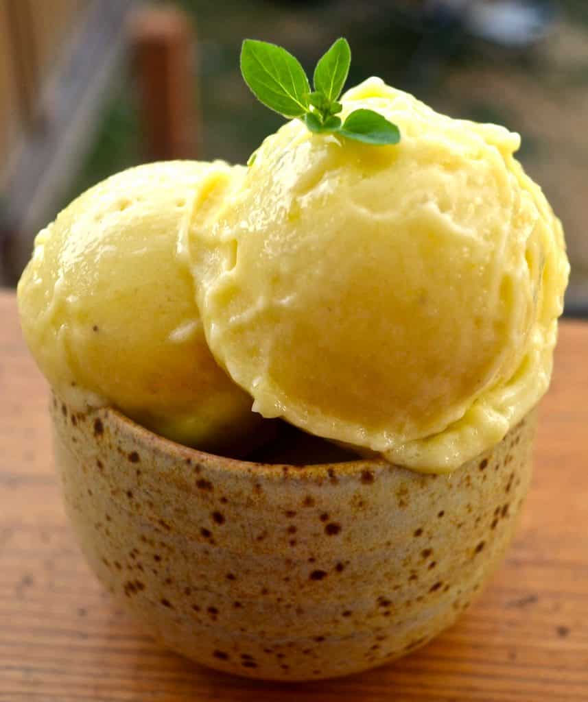 a small bowl with 2 scoop of mango banana ice cream topped with a sprig of thyme