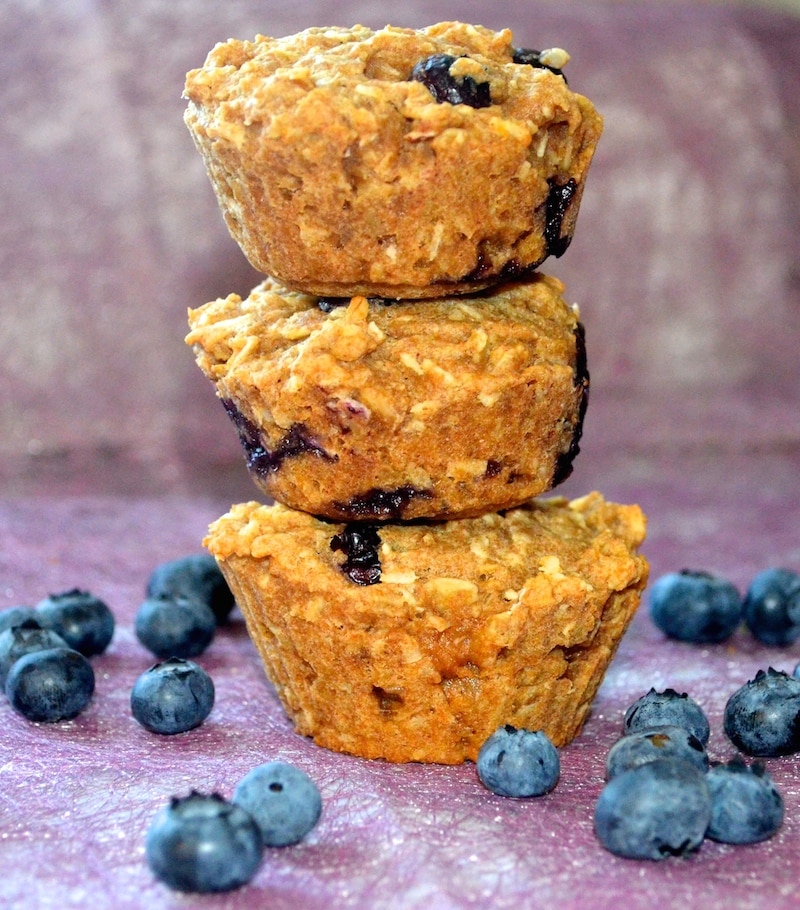 a stack of 3 blueberry breakfast bites muffins