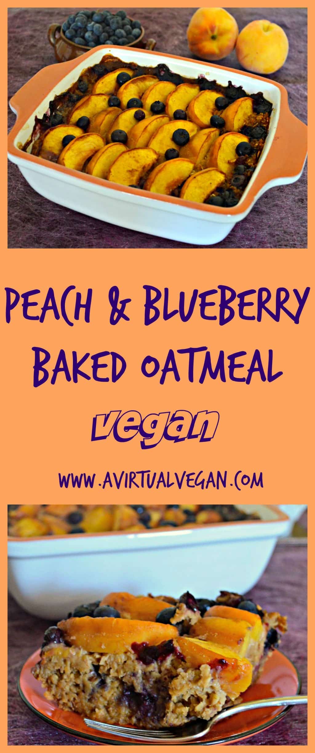 Sweet, juicy peaches and blueberries come together beautifully in this Peach Baked Oatmeal with Blueberries. A delicious & healthy breakfast. #bakedoatmeal #breakfast #vegan