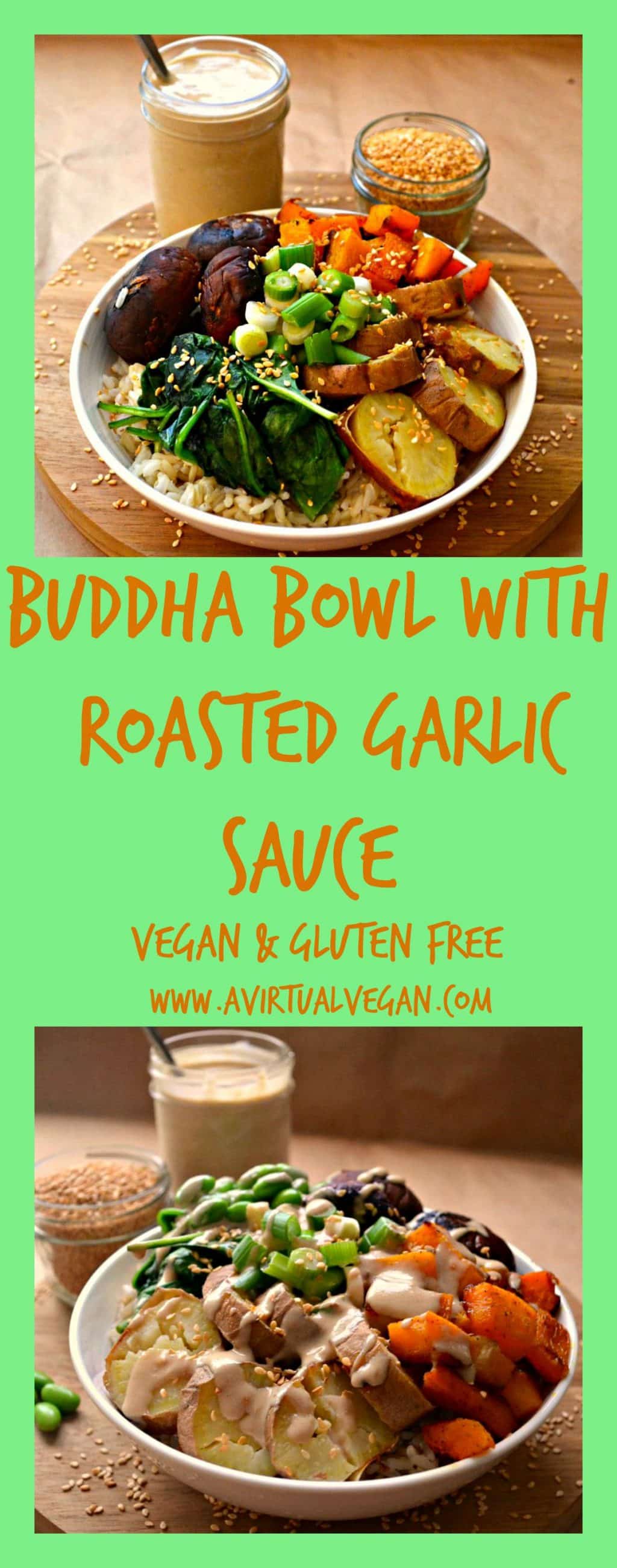 A Buddha Bowl bursting with nutty brown rice, sweet roasted vegetables,wilted greens, crunchy raw green onions, sesame seeds & heavenly roasted garlic sauce #buddhabowl #vegan
