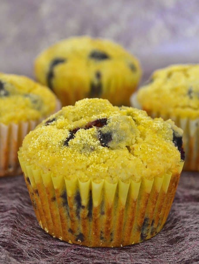 These light & fluffy lemon & blueberry cornmeal muffins are absolutely bursting with lemon flavour & stuffed full of plump blueberries.