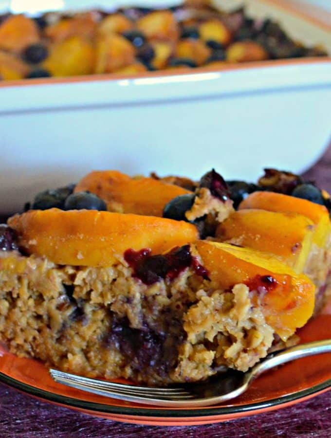 Sweet, juicy peaches and blueberries come together beautifully in this Peach Baked Oatmeal with Blueberries. A delicious & healthy breakfast.