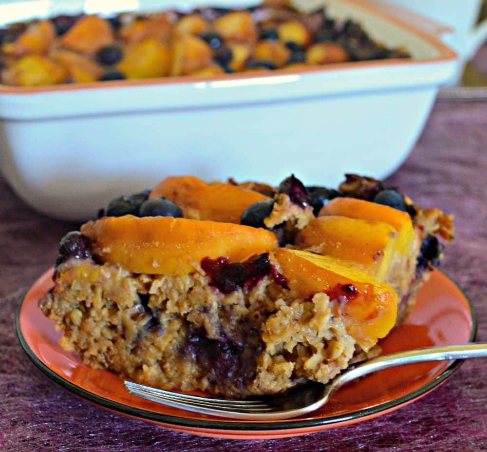 Sweet, juicy peaches and blueberries come together beautifully in this Peach Baked Oatmeal with Blueberries. A delicious & healthy breakfast. 