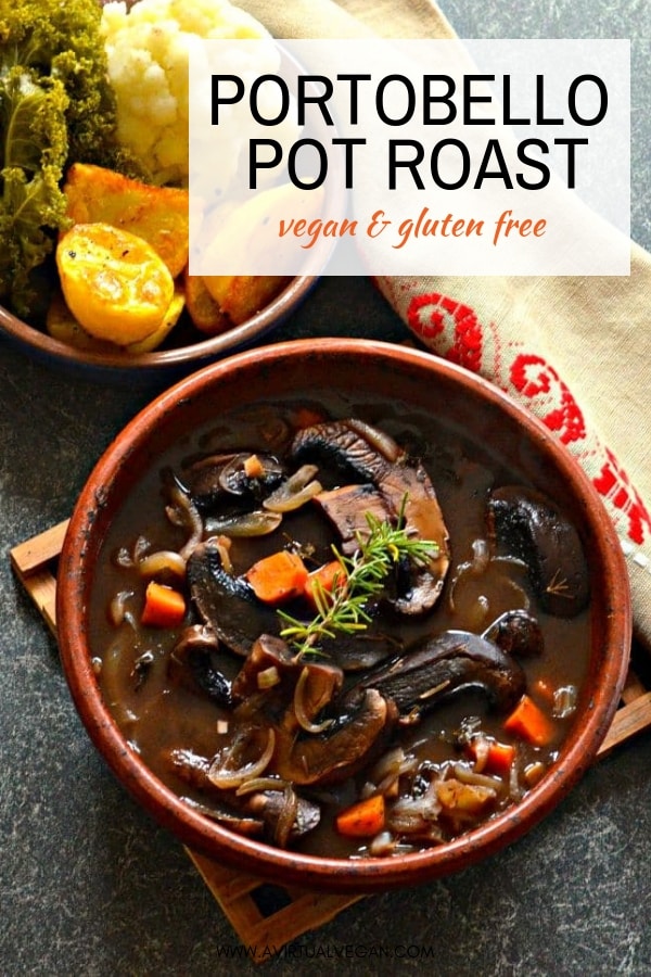 The ultimate one-pot family meal – Rich and hearty Vegan Portobello Pot Roast with red wine, herbs & vegetables. They all combine to make a delicious plant-based feast! #portobellopotroast #potroast #portobello #vegan