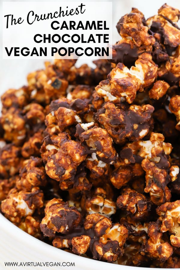 This popcorn is seriously addictive. Drenched in rich, buttery salted caramel, baked until perfectly crisp & then finished with lashings of chocolate, it is totally & utterly delicious & absolutely dairy free! #popcorn #caramelpopcorn #vegan #chocolate