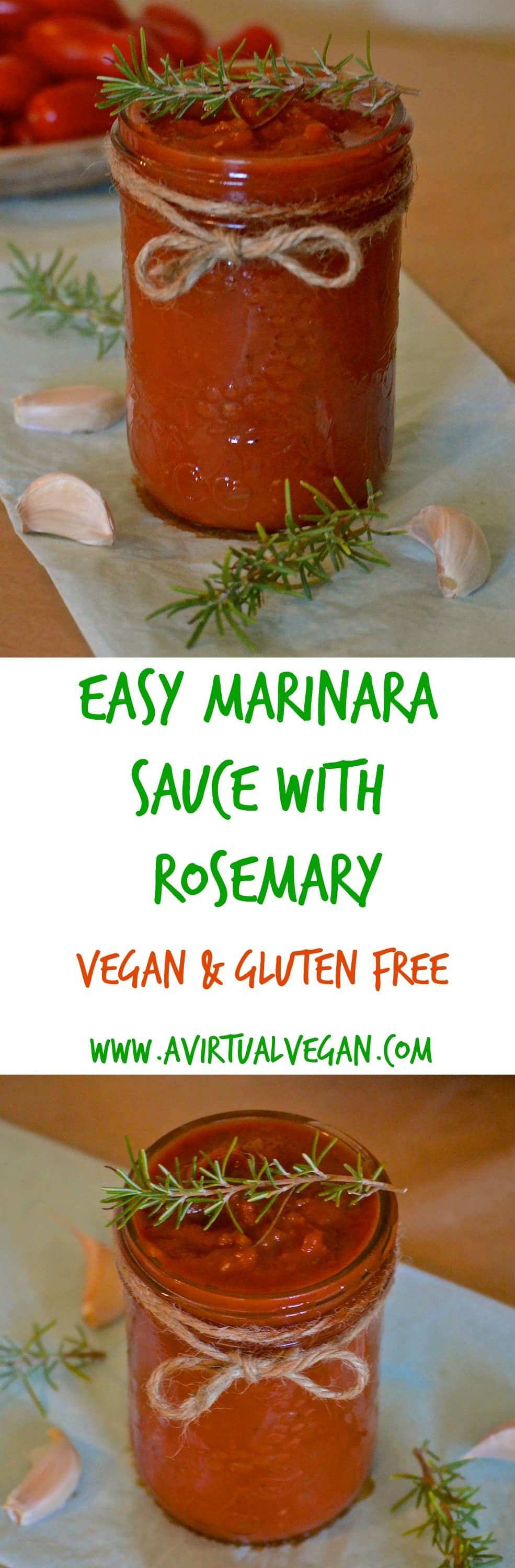 This easy Marinara Sauce with Rosemary has a deep, rich tomato flavour with unmistakable aromatic undertones of rosemary. With only six store-cupboard ingredients (plus oil & seasoning) it can be thrown together quickly and easily. It can even be cooked in a slow cooker! #marinara #pastasauce #vegan