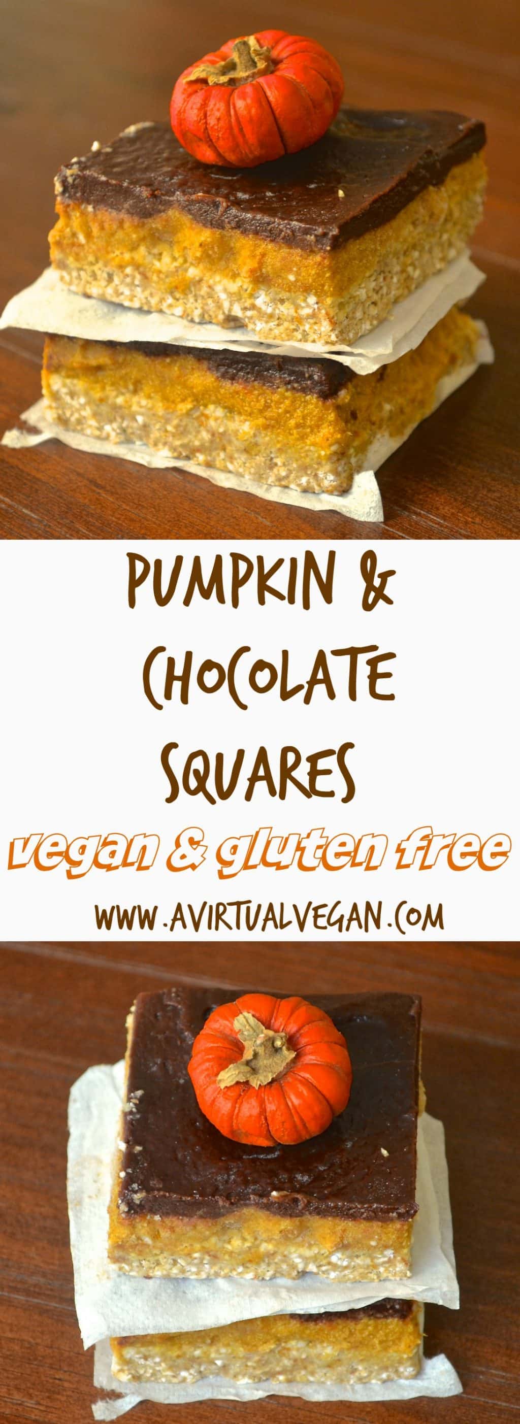 Pumpkin and chocolate are always a winning combination and these no bake Pumpkin & Chocolate Squares are no exception! With creamy pumpkin and rich chocolate on a crunchy, crumbly base they are sure to satisfy those sweet cravings this Fall. #pumpkin #chocolate #fall #vegan