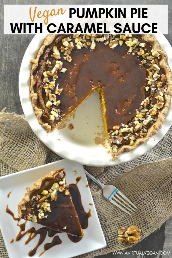 Velvety smooth, perfectly soft & custardy vegan pumpkin pie with a deliciously crisp pastry crust. Add to that a drizzle of decadently rich, warm caramel sauce & you have THE best fall dessert!