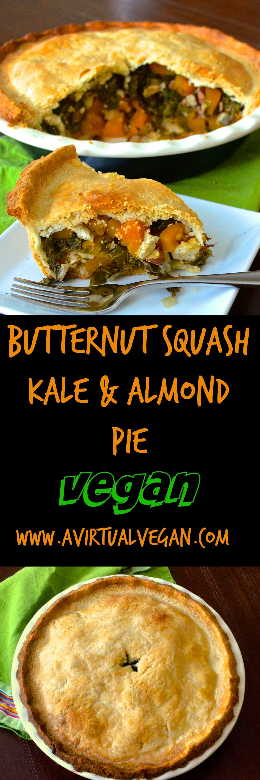 Flaky, delicious pastry, filled with sweet melt in your mouth butternut squash, deep green earthy kale & crunchy almonds. Only 6 ingredients and the pastry can be made in minutes in a food processor! #pie #vegan #butternutsquash #kale #almond