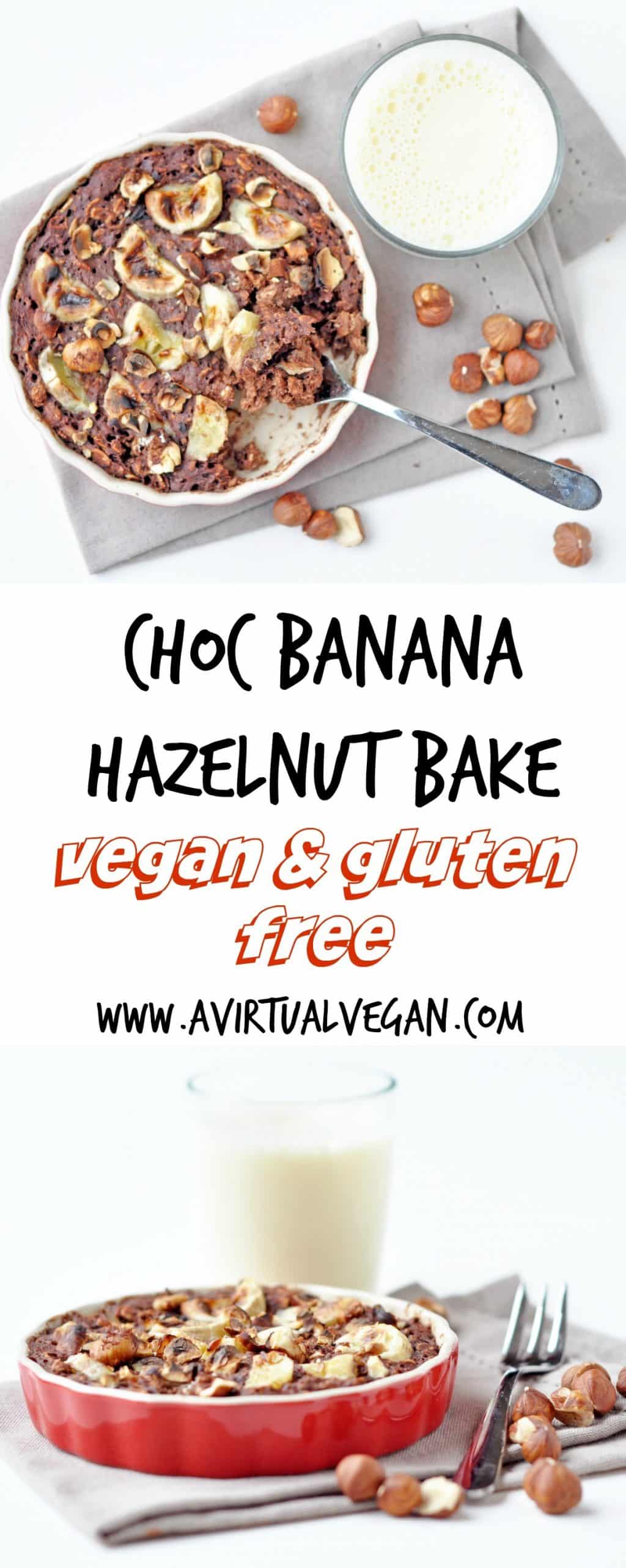 Baked oatmeal with a deliciously crusty exterior, a soft, creamy, chocolatey, oaty interior, crunchy roasted hazelnuts and soft, sweet baked banana.