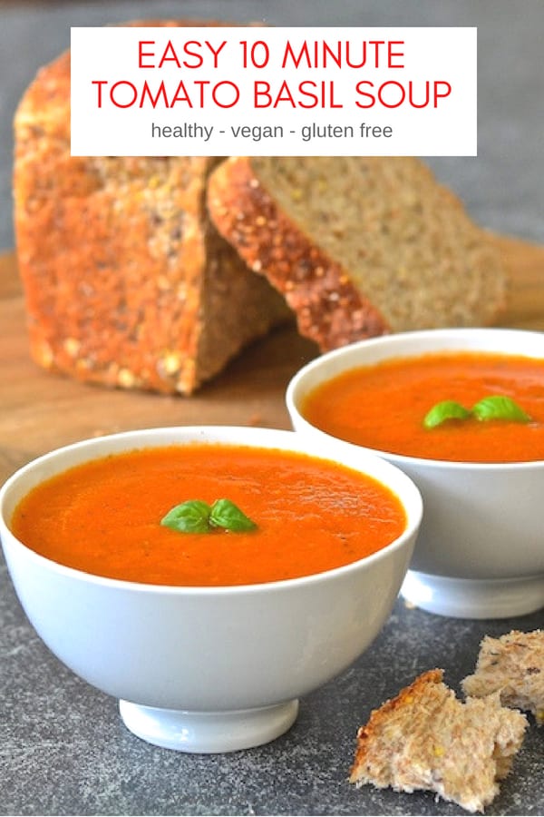 The easiest Tomato Basil Soup EVER and it's so fresh & vibrant. Made with just 4 ingredients (plus salt, pepper & optional olive oil) and it only takes 10 minutes to make! #tomatosoup #tomatobasilsoup #soup #vegansoup #tomato #basil