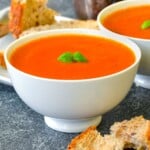 a bowl of tomato basil soup