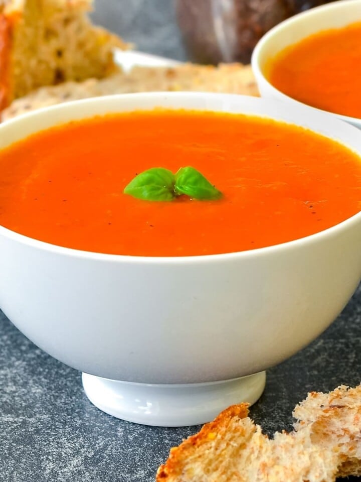 a bowl of tomato basil soup