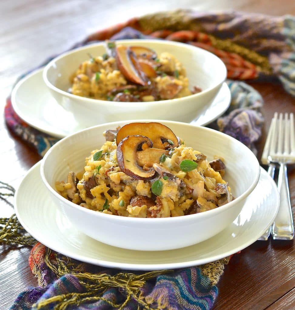 garlic mushroom vegan risotto in a bowl 