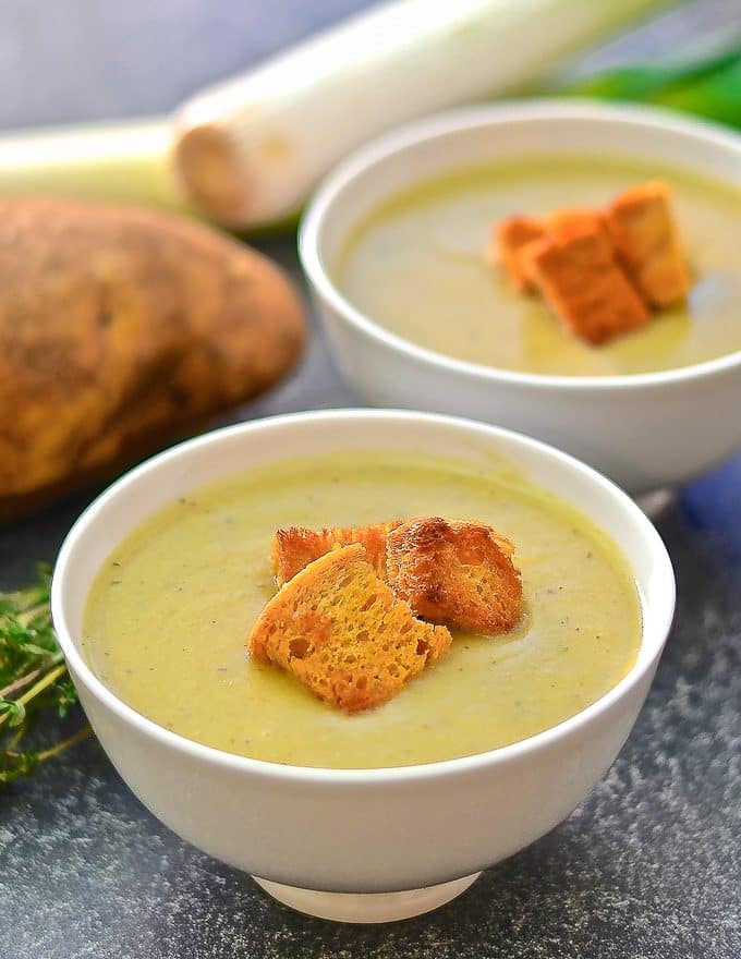 A super quick & easy Vegan Potato Leek Soup with only 5 ingredients (plus water & seasoning). It's creamy, comforting & healthy & makes the perfect light lunch or a more substantial dinner with lots of crusty bread, spread with a generous amount of my vegan butter, for dunking!