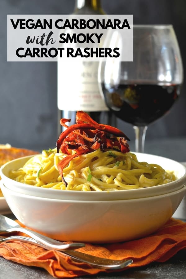 A classic Italian dish made vegan! This vegan carbonara is so simple & yet so decadent, it's magic. Add a scattering of smoky carrot rashers & you get a fantastic pop of colour & texture too! #vegancarbonara #pasta #spaghetti #vegan #vegetarian #carrot