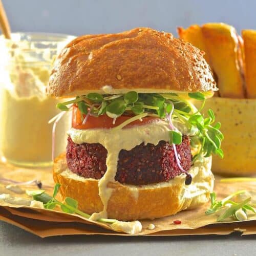 A beet burger in a bun