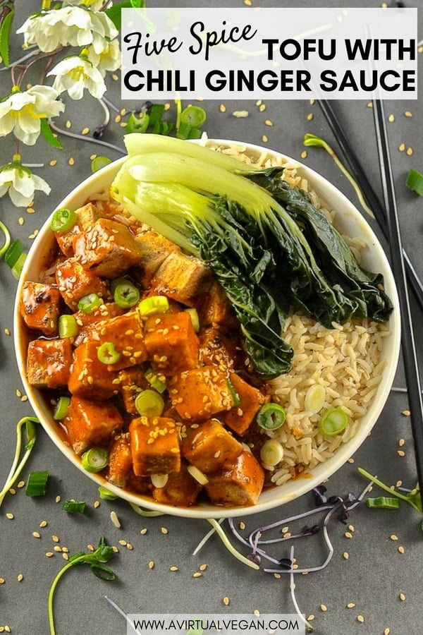 This Five Spice Tofu with Chili Ginger Sauce is so fast and easy to make. It's sweet, sticky & spicy with amazing depth of flavour. A perfect mid-week meal! #tofu #5spice #fivespice #vegan