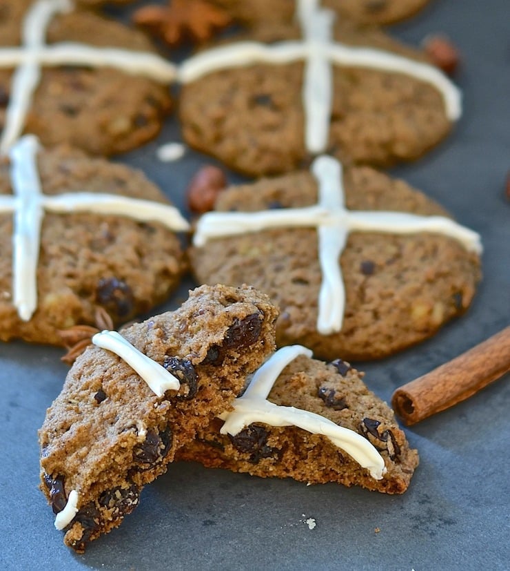 These soft, chewy, spicy, fruit & nut studded Hot Cross Cookies have all the flavours of a hot cross bun in cookie form. They are perfect for gifting or making with children this Easter!