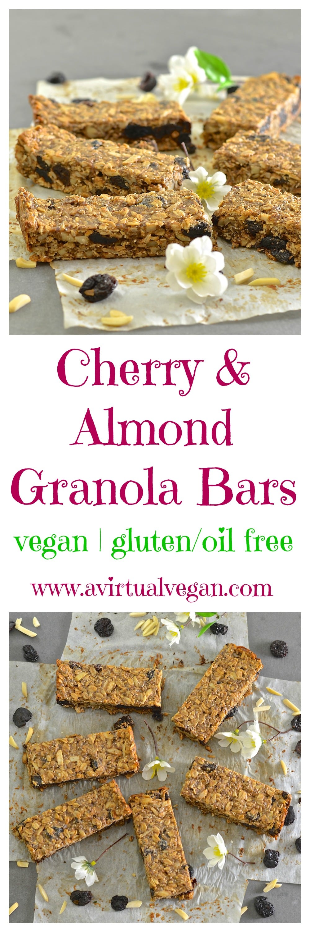 Plump, chewy dried cherries, crunchy almonds & wholesome oats & seeds make these Cherry Almond Granola Bars the perfect healthy snack or on the go breakfast. They are completely oil free, very lightly sweetened & come with bake or no bake options!