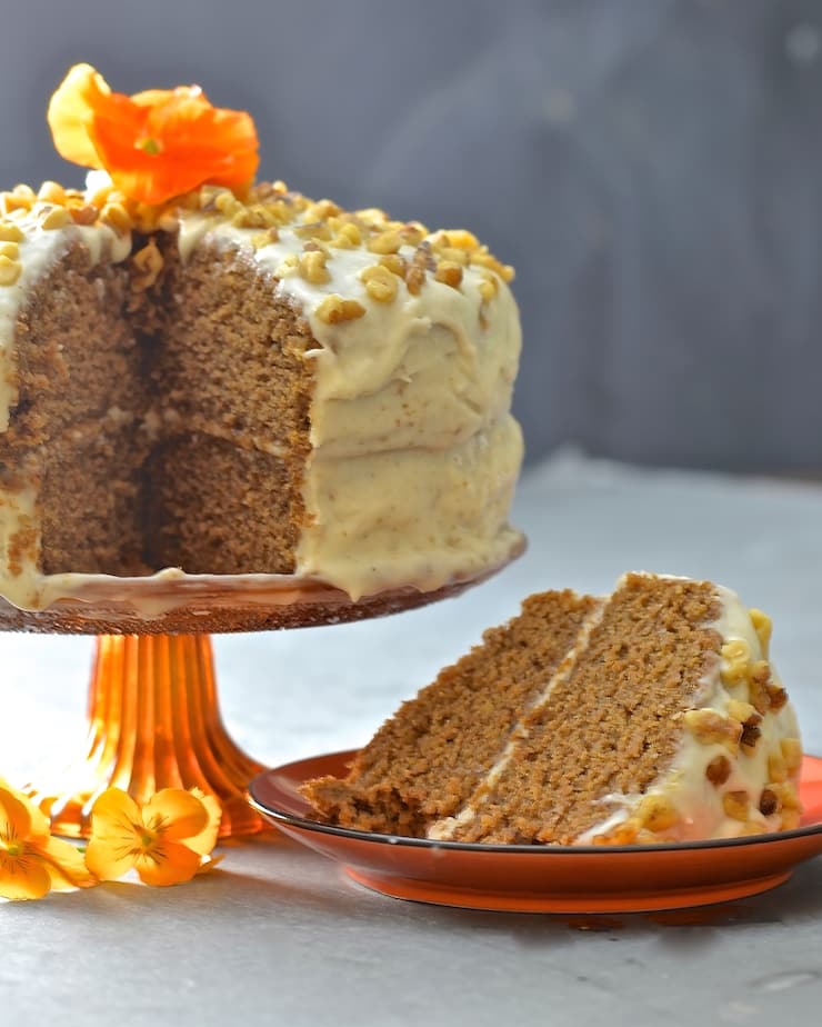 Tender, moist nutty sponge sandwiched together with creamy maple infused frosting. Completely dairy, egg & oil free yet perfectly sweet & decadent, this Maple Walnut Vegan Sweet Potato Cake is total perfection! 