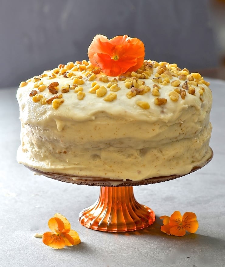 Tender, moist nutty sponge sandwiched together with creamy maple infused frosting. Completely dairy, egg & oil free yet perfectly sweet & decadent, this Maple Walnut Vegan Sweet Potato Cake is total perfection! 