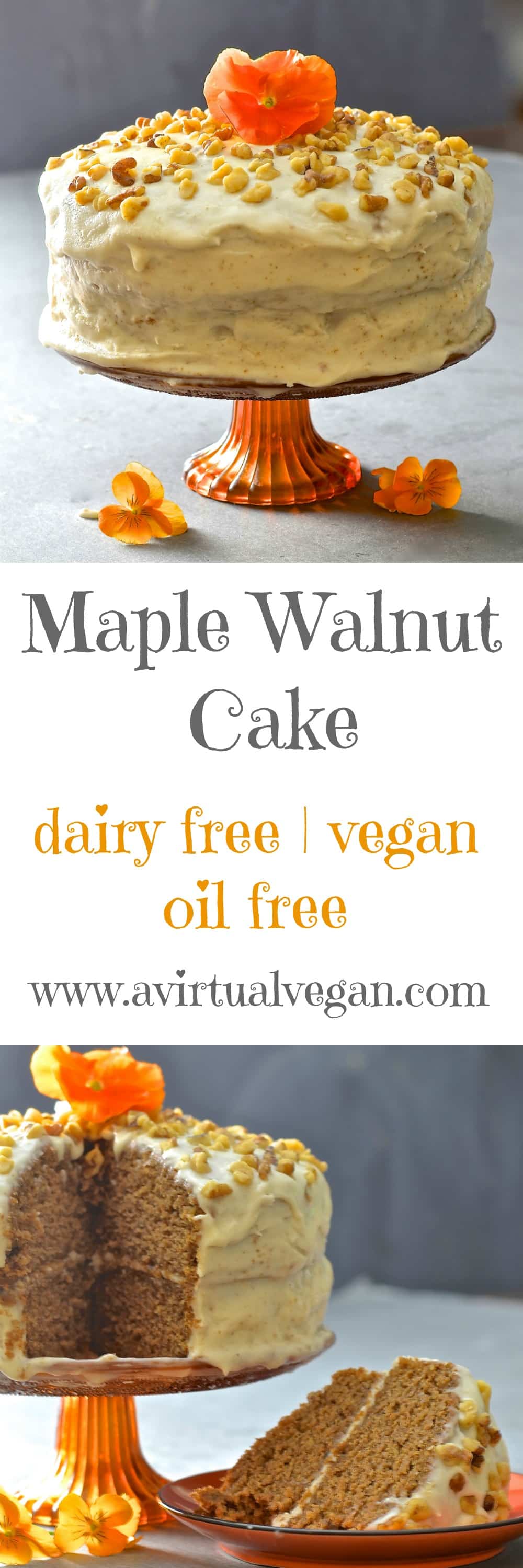 Tender, moist nutty sponge sandwiched together with creamy maple infused frosting. Completely dairy, egg & oil free yet perfectly sweet & decadent, this maple walnut cake is total perfection!