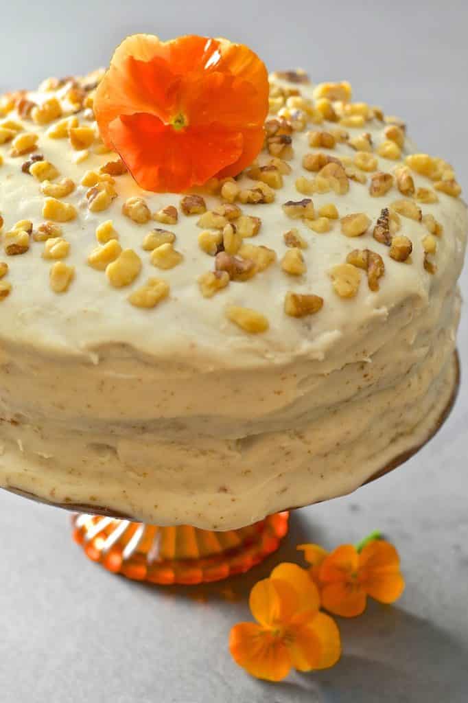 Tender, moist nutty sponge sandwiched together with creamy maple infused frosting. Completely dairy, egg & oil free yet perfectly sweet & decadent, this Maple Walnut Vegan Sweet Potato Cake is total perfection! 