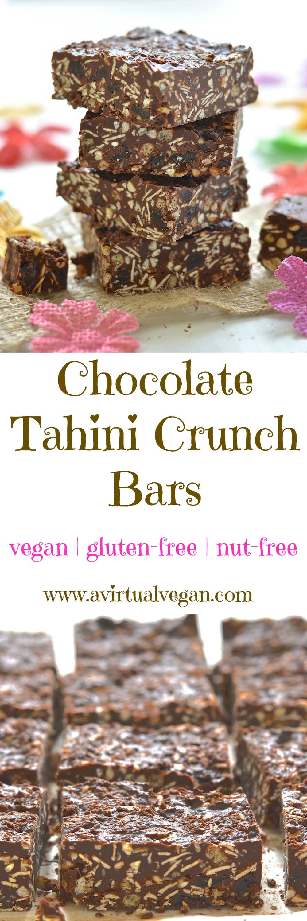 Chocolate + Tahini = complete & utter deliciousness. Honestly....Don't take my word for it..Make a batch of these Chocolate Tahini Crunch Bars & find out for yourself! #chocolate #tahini #crunch #vegan