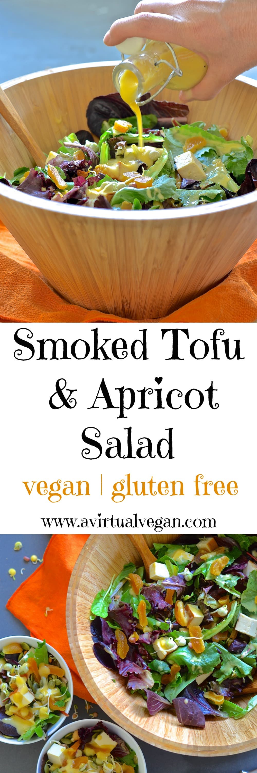 Smoky tofu & chewy apricot pieces in a colourful salad, tossed with an awesome creamy Asian inspired apricot dressing. This Smoked Tofu Apricot salad is vibrant, fresh & delicious!