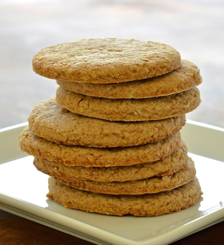 a stack of vegan digestive biscuits