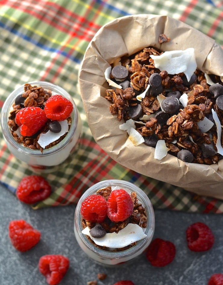 double chocolate coconut vegan granola with yogurt and raspberries