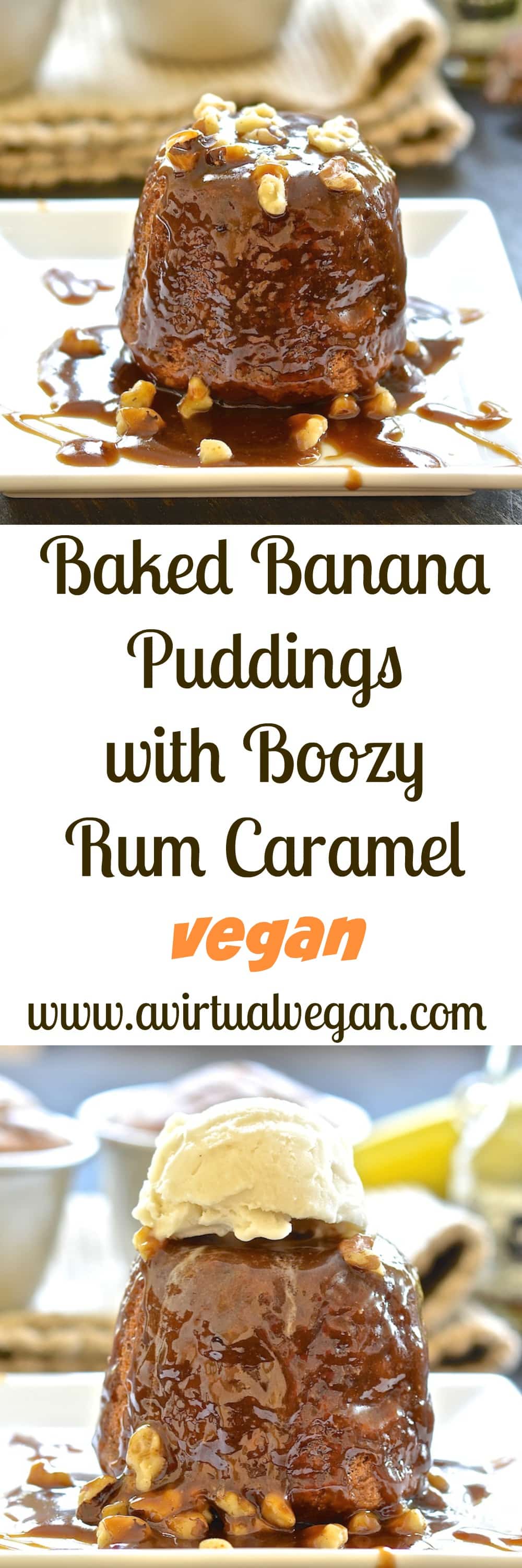Deliciously moist & flavourful baked banana puddings with a spoon-licking, boozy, rum caramel sauce. Rich, sticky & truly indulgent! #vegan #dairy-free #egg-free