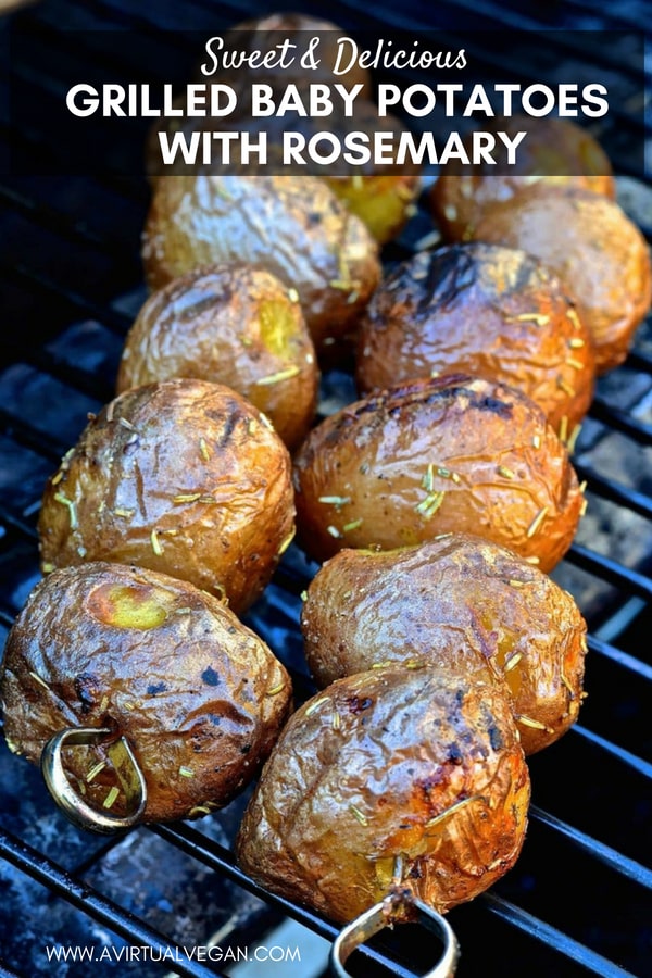 These deliciously sweet grilled baby new potatoes are slightly charred & crispy on the outside & soft & creamy on the inside. They will become your most requested side this summer! #BBQ #grilling #vegangrilling #potatoes #grilledpotatoes #babypotatoes #newpotatoes #summer