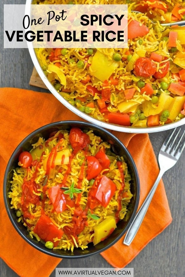 This One-Pot Spicy Vegetable Rice is our go to favourite mid-week dinner. 3o minutes & one pot is all that is standing between you & a big bowl full of deliciously spiced, flavourful rice studded with sweet, soft veggies. #rice #vegetablerice #savoryrice #savouryrice #vegan #vegetarian #entree