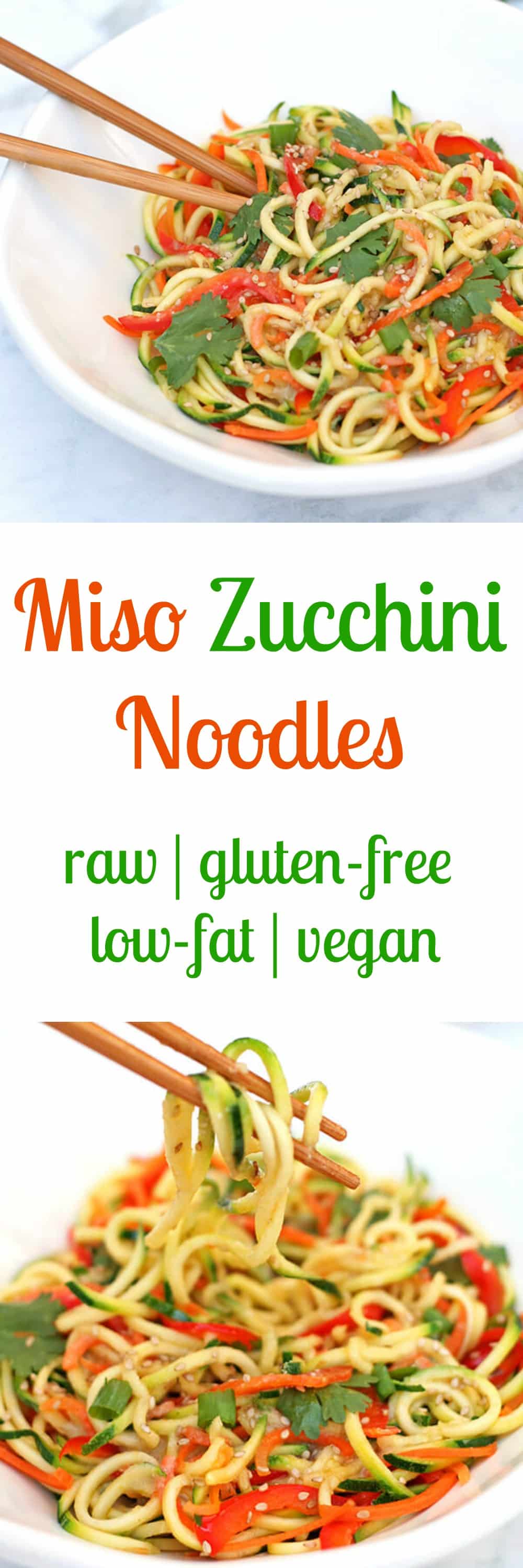 Summery, light, healthy & delicious Miso Zucchini Noodles. Ready from start to finish in under 15 minutes & no cooking required!