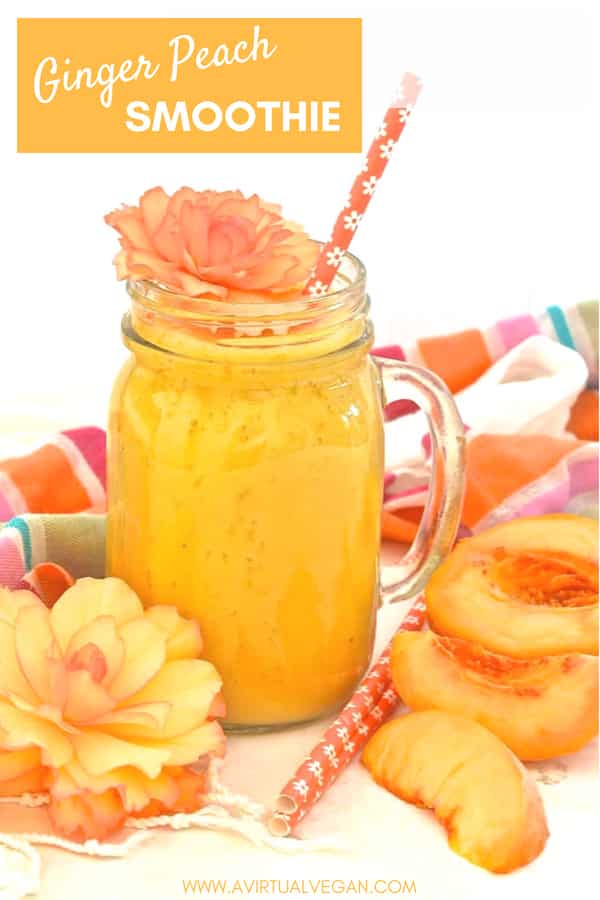 Fresh juicy peaches & fragrant, warm fresh ginger combine to make this beautiful, fresh, summery & uplifting Ginger Peach Smoothie. #breakfast #breakfastrecipes #peach #vegan #ginger #smoothie #summer