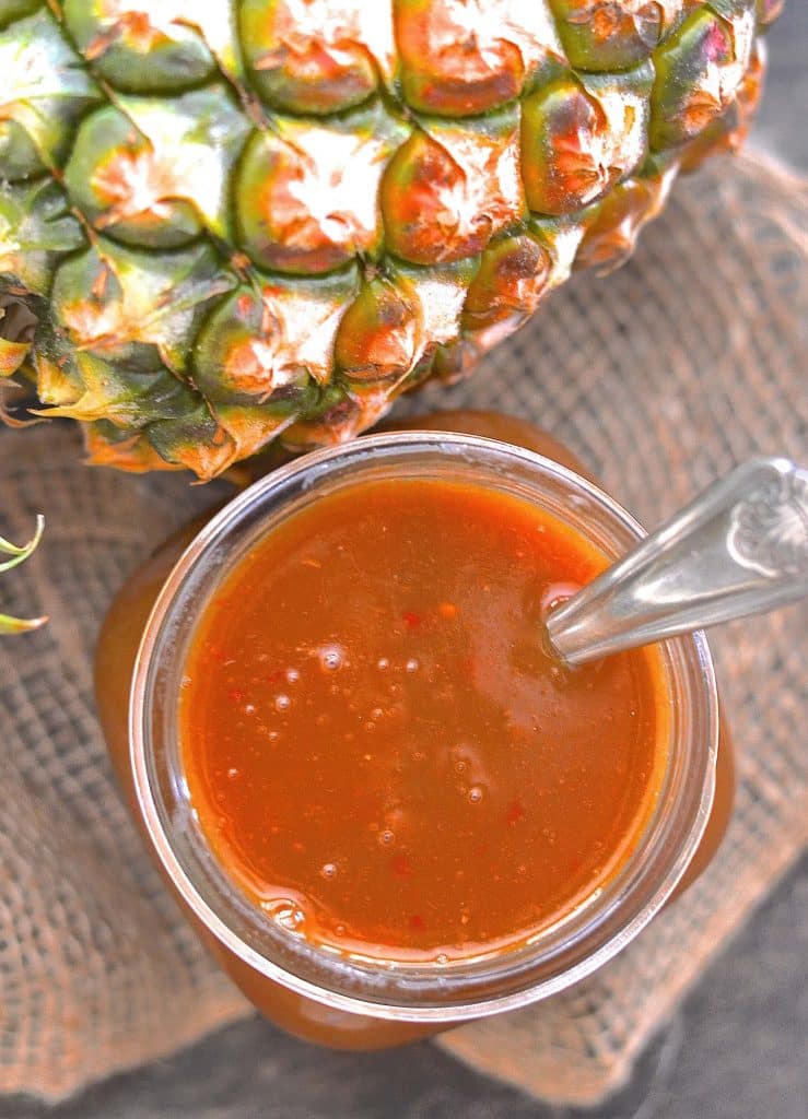 You will love this quick & easy, super tangy, sweet & spicy Garlic Pineapple Sauce. Great for stir fries, rice bowls, as a marinade or as a dipping sauce.