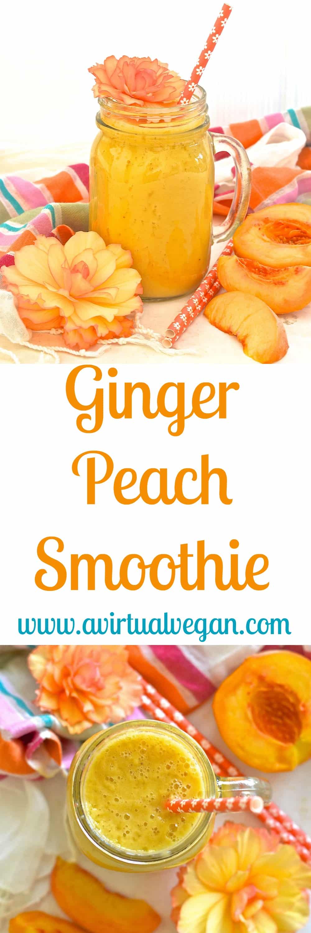 Fresh juicy peaches & fragrant, warm fresh ginger combine to make this beautiful, fresh, summery & uplifting Ginger Peach Smoothie.