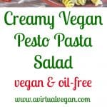 A simple but incredibly delicious, super creamy Vegan Pesto Pasta Salad topped with juicy, sweet, oven roasted tomatoes. It has just 5 ingredients & is ready in the time the tomatoes take to roast!