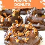 Completely, irresistibly delicious Chocolate Pumpkin Donuts. Baked to perfection, dipped in sweet & sticky chocolate frosting then sprinkled with nuts or chocolate chips! Gluten-free option included