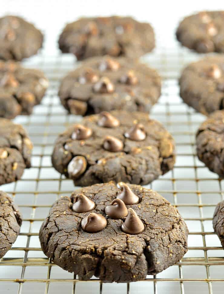 Rich, fudgy Double Chocolate Chip Cookies with squidgy, brownie-like insides & surprisingly healthy ingredients. No gluten, no oil, no dairy & no eggs!