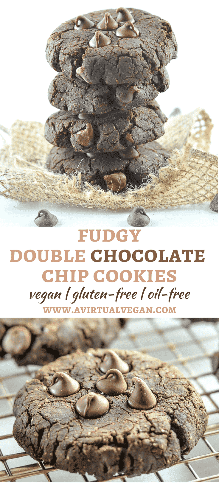 Rich, fudgy Double Chocolate Chip Cookies with squidgy, brownie-like insides & surprisingly healthy ingredients.