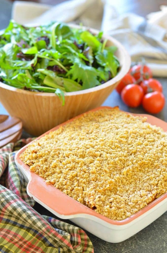 This Tomato Pasta Bake with Garlicky Crumb topping is a budget friendly, hearty & delicious meal that the whole family will love!