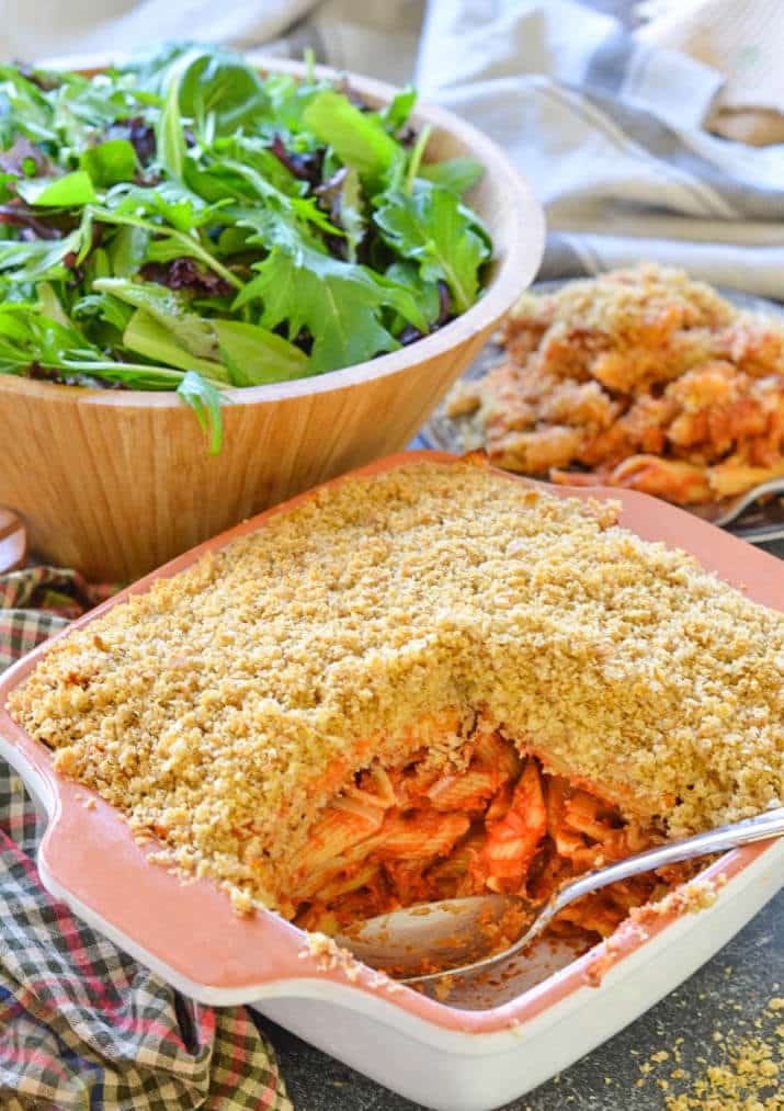 This Tomato Pasta Bake with Garlicky Crumb topping is a budget friendly, hearty & delicious meal that the whole family will love!