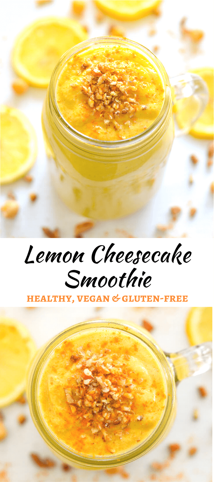 This banana-free, Luscious Lemon Cheesecake Smoothie is like dessert in a glass & is so healthy! It's like Lemon cheesecake in liquid form.