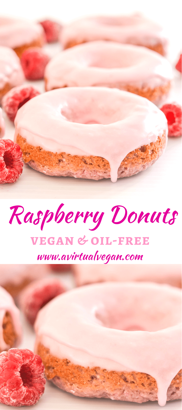 Soft & fluffy oil-free baked Vegan Raspberry Donuts with sweet, pretty in pink glaze. Infused with sweet raspberry flavour & so delicious!