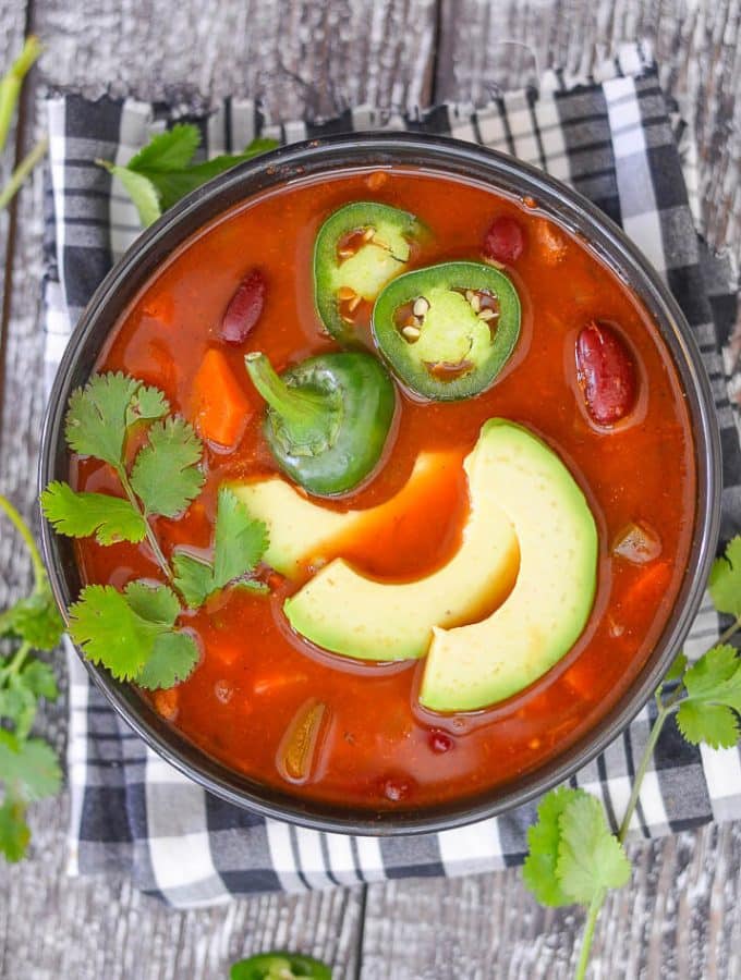 Super tasty Chili Soup that can be made quickly on the stove-top or more slowly in a slow cooker. Simple, comforting & delicious with only 8 ingredients!